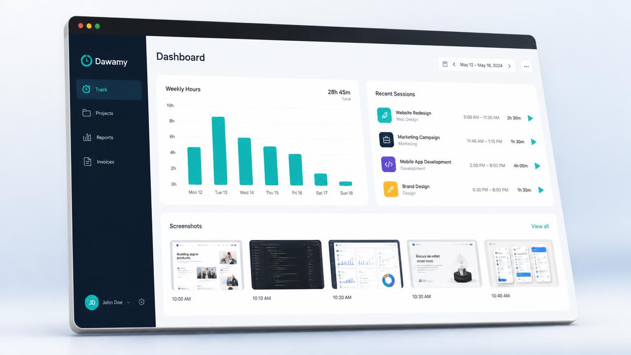 Dawamy time tracking dashboard showing weekly hours, recent sessions, and activity screenshots